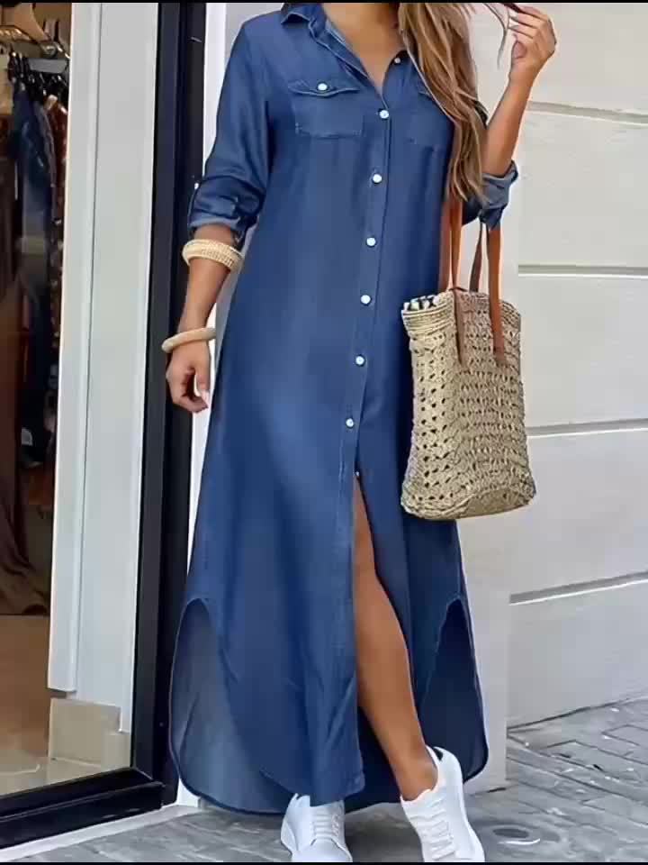 Lena – Button-Front Split Hem Shirt Dress